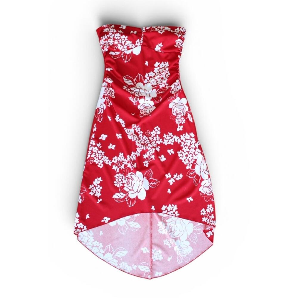 VTG 90s Y2K Jodi Kristopher Red White Floral Strapless Hi Low Midi Dress SZ S